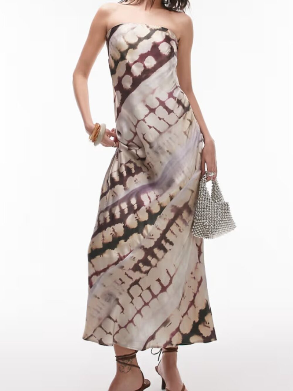 Topshop satin bandeau slip maxi dress in abstract animal print